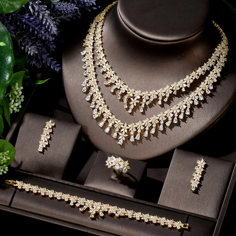 Dubai Double layered Luxury Bridal Wedding Cube Zirconia Jewelry Set, Necklace and Earring Set