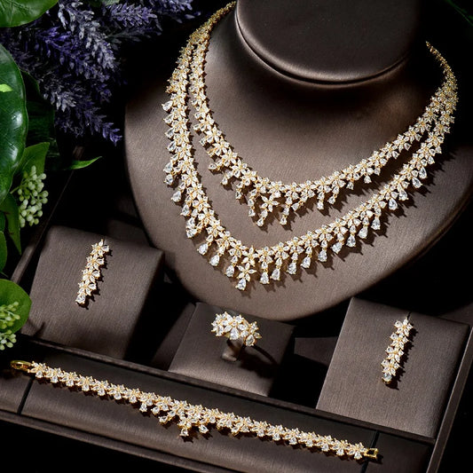Dubai Double layered Luxury Bridal Wedding Cube Zirconia Jewelry Set, Necklace and Earring Set