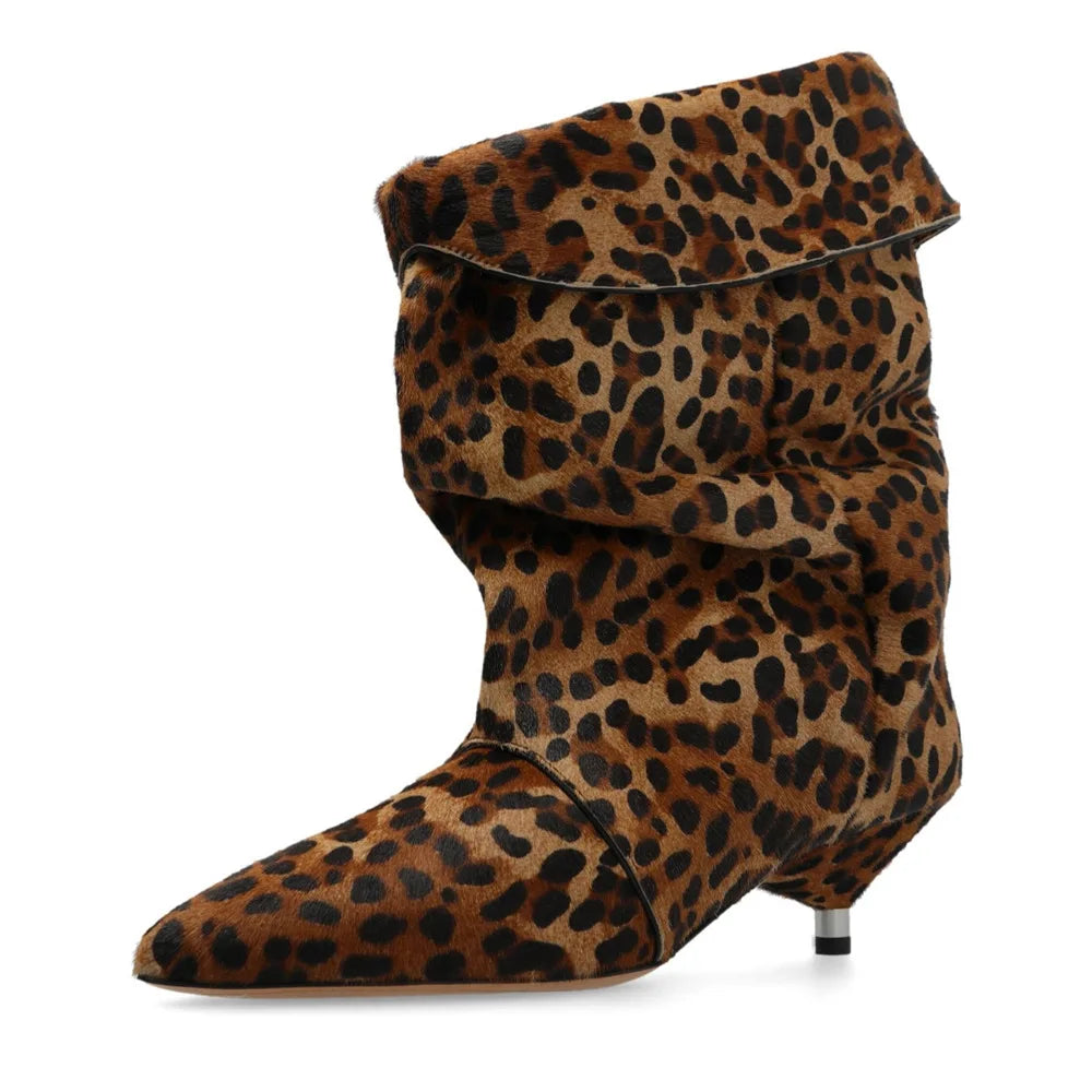 Leopard print Large tubular boots Pointed toe Slip-on Pleated Middle heel Modern boots Short boots