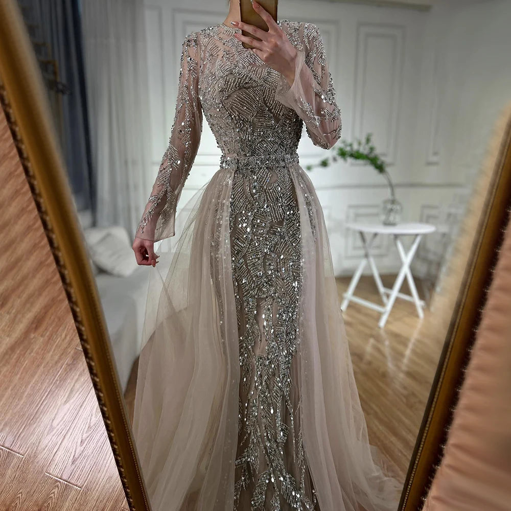 Elegant Beaded Mermaid Evening Gown with Sleeves – O-Neck Floor-Length Dress