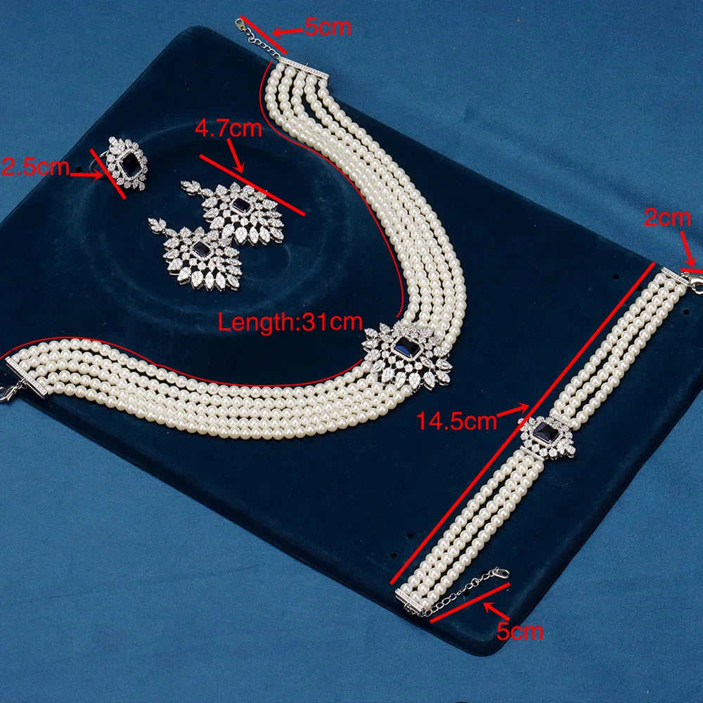 Gorgeous 5 Layered Imitation Pearl Choker with Cubic Zirconia Pendant Necklaces Bracelet Zircon 4PCS Jewelry Set