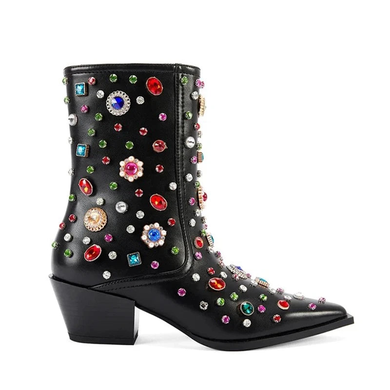 Embroidery Rhinestone Rivet Short Boots Pointed Slope Heel Chelsea Women's Boots