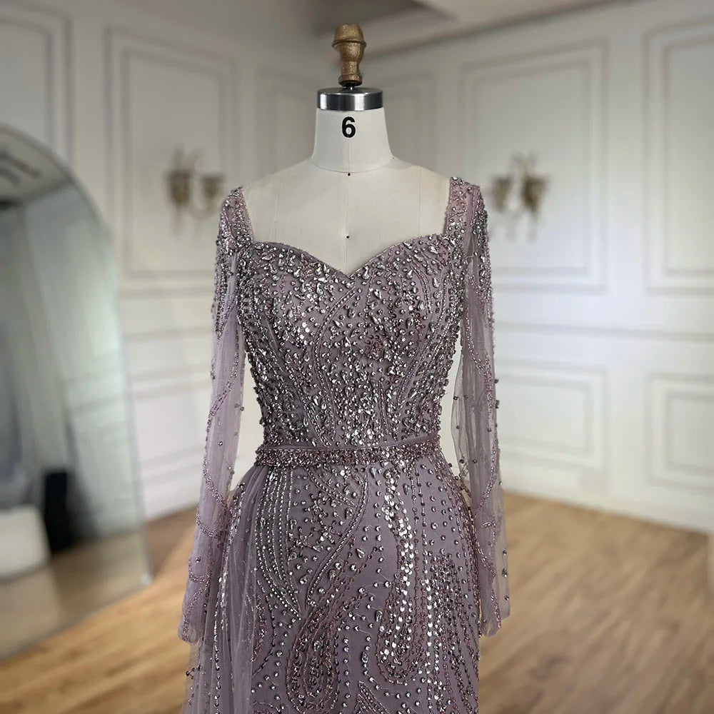 Elegant Beaded Mermaid Evening Dress with Court Train and Square Neckline in Floor-Length Tulle