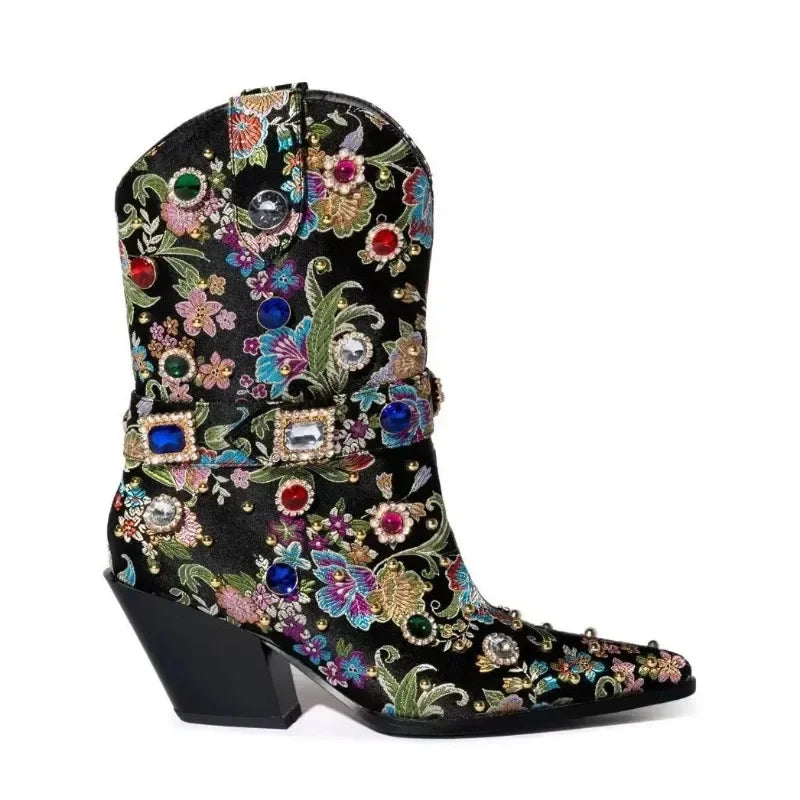 Embroidery Rhinestone Rivet Short Boots Pointed Slope Heel Chelsea Women's Boots