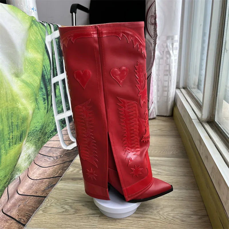 Genuine Leather Embroidered Wedge Heels Women Knee High Boots New Black Red Winter Skirt Boots Sexy High Heels Shoes Size 34-43
