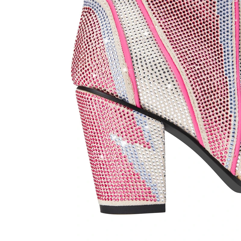 Women's New Calf Pointed Head Sexy Nightclub Europe and America Lightning Water Diamond Large Heel Short Boots