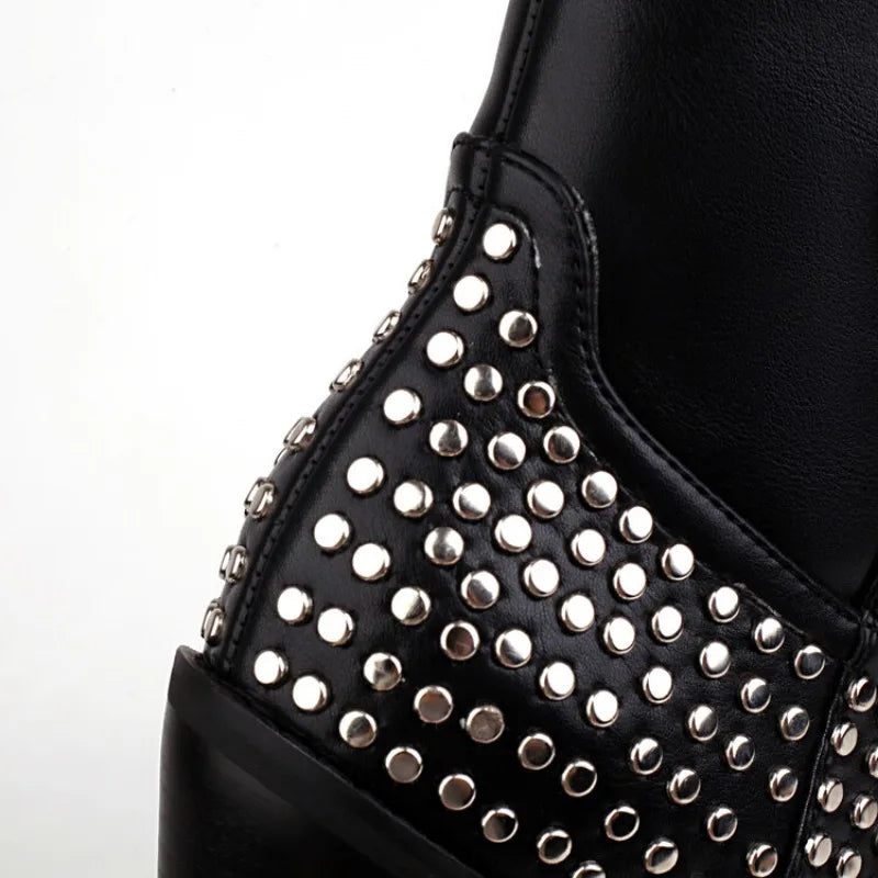 Rhinestone/Rivet Color Blocking Autumn Winter Thick Heel Black Chelsea Women Boots