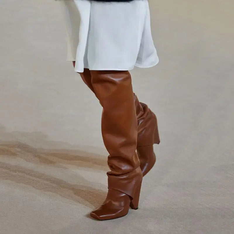 Tapered heel Over the knee boots Square-head Pleated Slip-on Super high heel Modern boots