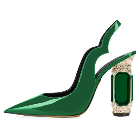 Women's high heels. About 10.5cm heel height. Crystal heel. Slingbacks heels shoes. Green pointed shoes. 34-45