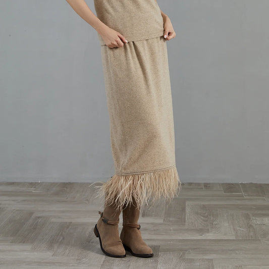 women's  100% cashmere ostrich feather tassel trimmed midi skirt