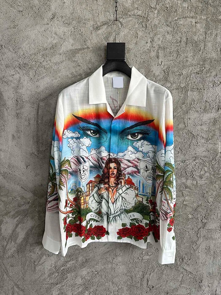 2025 Best Version Casinoblank Printed Women Men Long Sleeve Shirts Loose Fit Oversized Men Casual Shirts Cotton&Silk