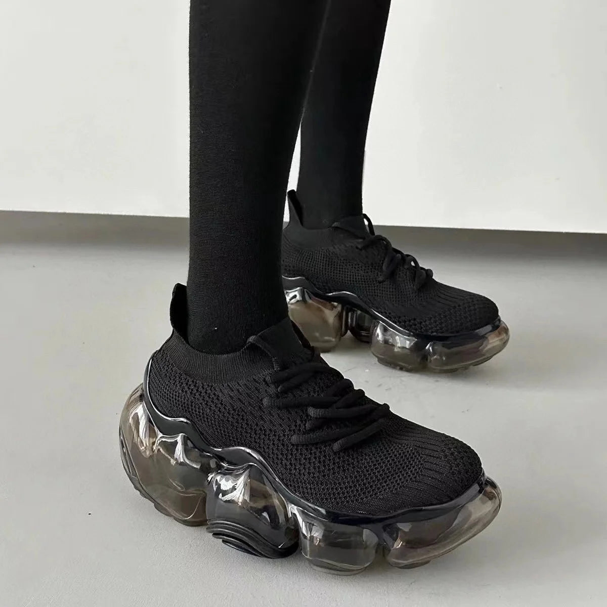 2025 New Japanese Air Cushion Women Chunky Sneakers Knitted Mesh Heightening Jelly Casual Sports Shoes High Quality Luxury Y2k