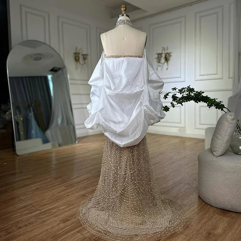 Strapless Mermaid Evening Gown with Beading and Pearls – Abstract Pattern Tulle Dress with Court Train