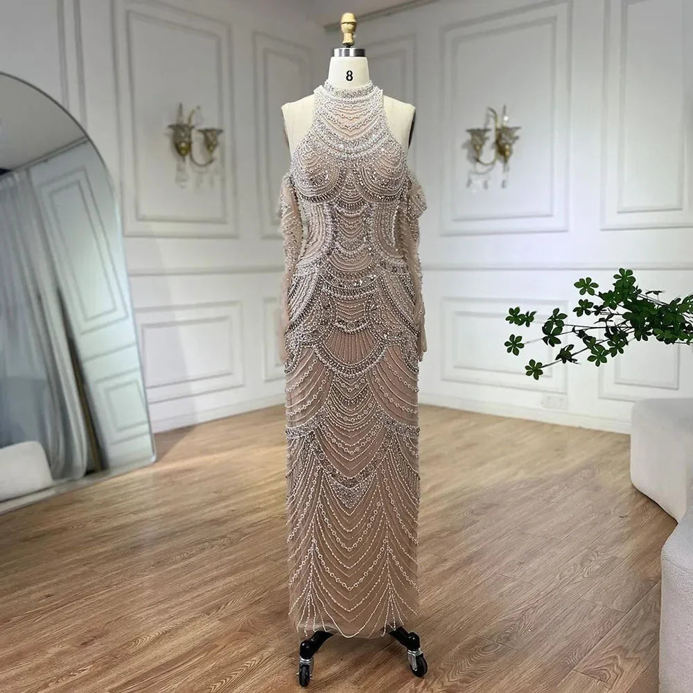 Elegant High Neck Mermaid Evening Dress with Pearls and Beading – Full Sleeve Floor-Length Gown