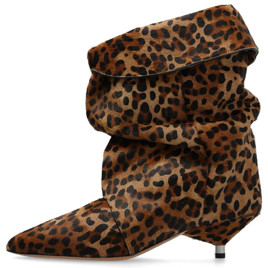Leopard print Large tubular boots Pointed toe Slip-on Pleated Middle heel Modern boots Short boots