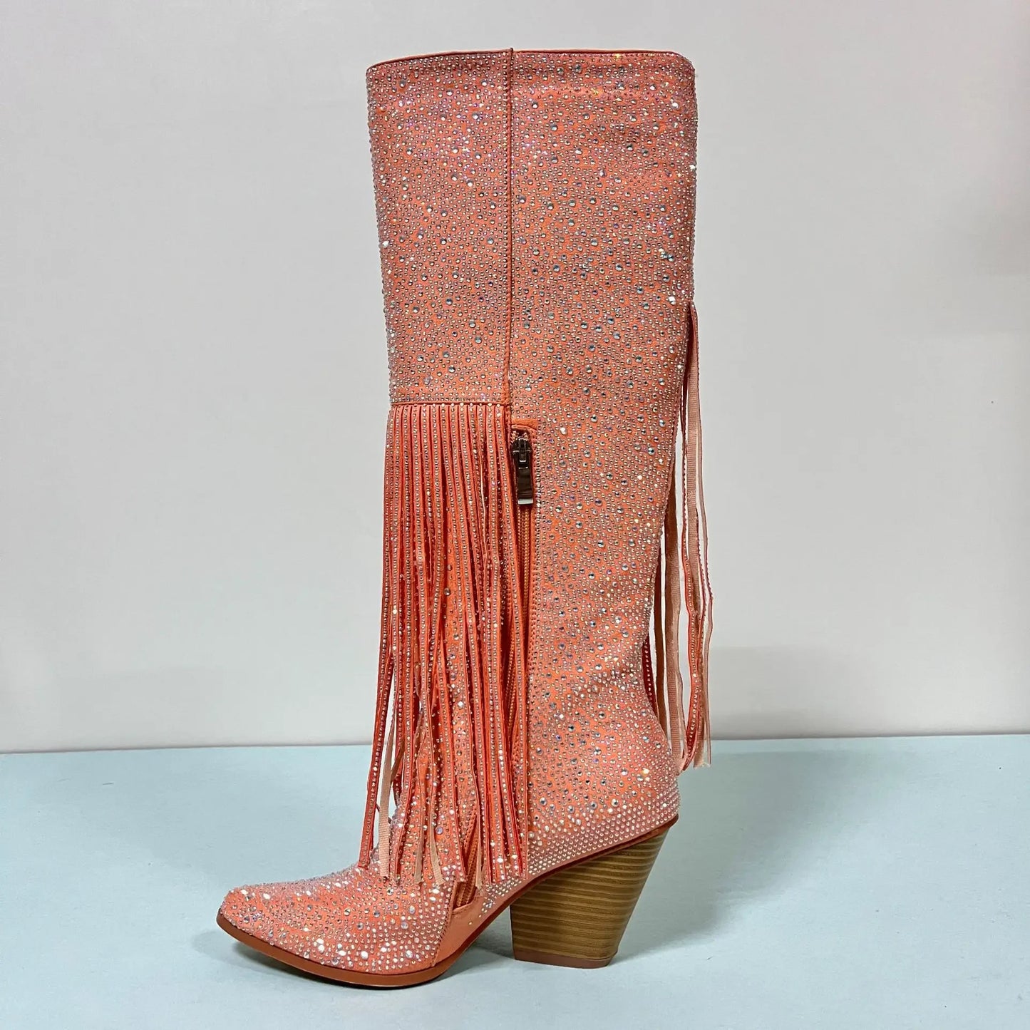 Orange Rhinestone Tassel Block-Heel Knee Boots Side-Zip Pointed-Toe Wedge Boots for Women