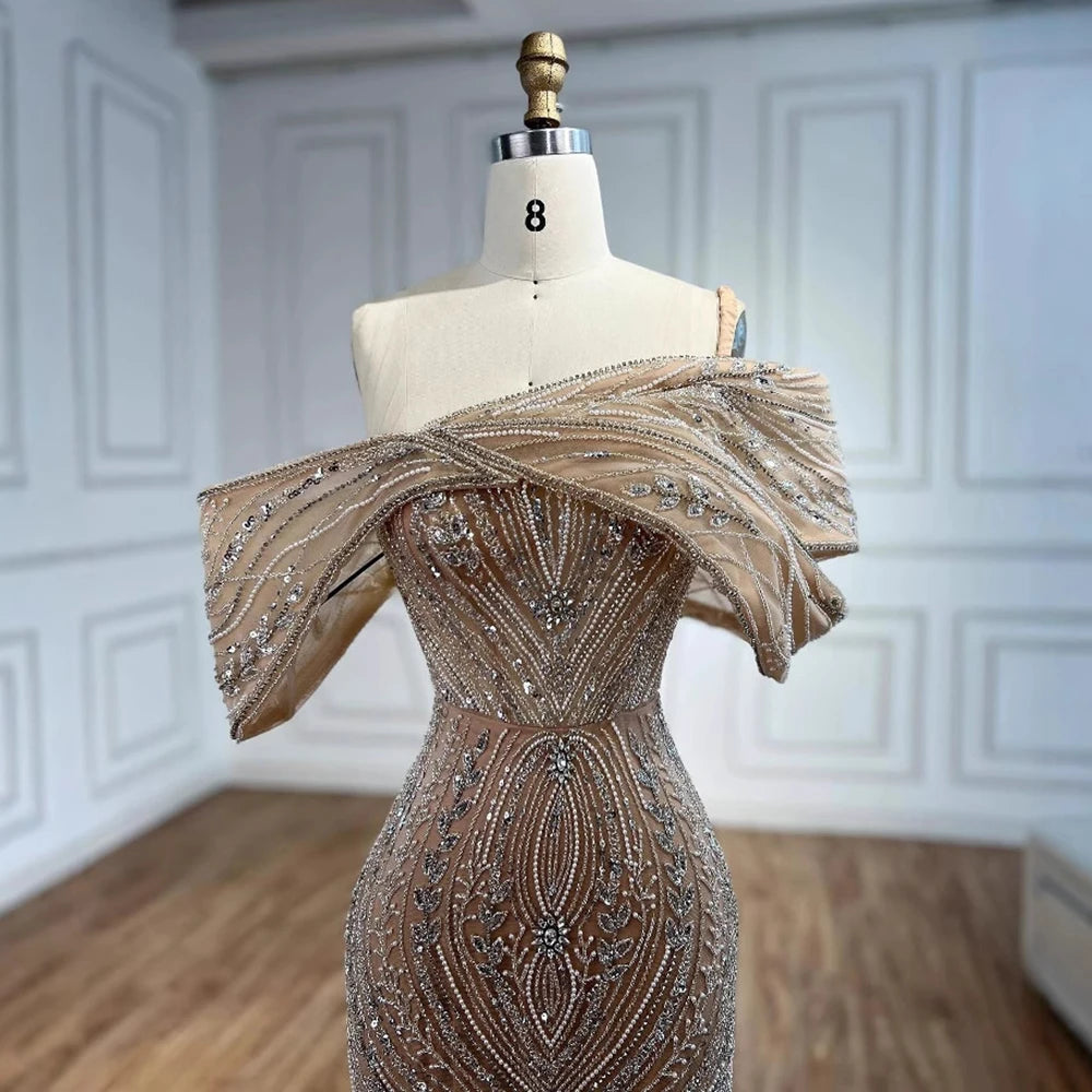 Off Shoulder Beaded Mermaid Evening Dress – Floor-Length Tulle Gown for Wedding Party