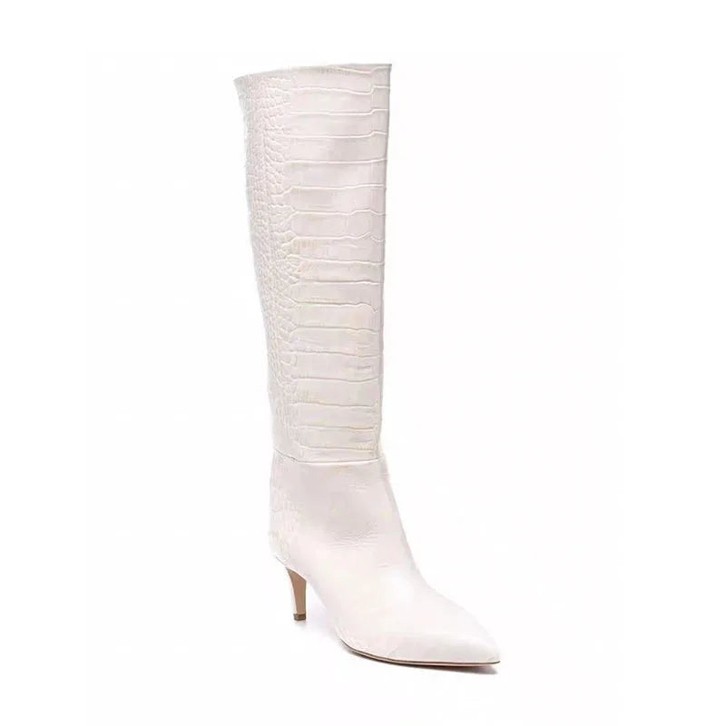 White crocodile grain Knee high boots Pointed toe Slip-on Stilettos heels Simple styl boots