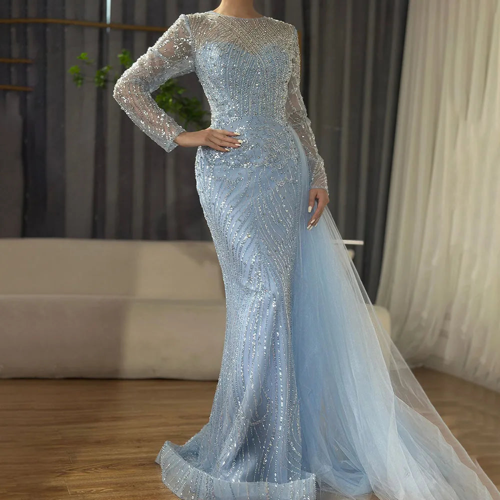 Sleeveless O-Neck Mermaid Evening Dress with Beading – Floor-Length Tulle Gown with Court Train