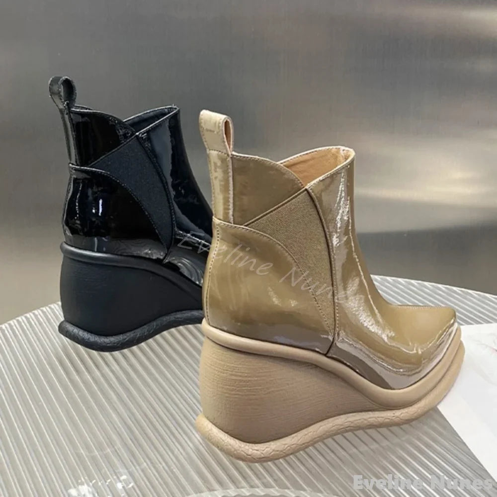 Height Increasing Wedges Ankle Boots Women Pointed Toe Platform Slip On Solid Leather Boots