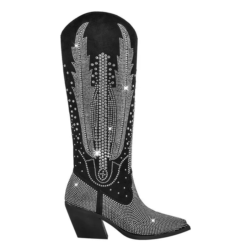 Handmade Hot Rhinestone Retro Western Cowboy Boots Women Performance Runway Fashion Thick Heel Knee High Boots