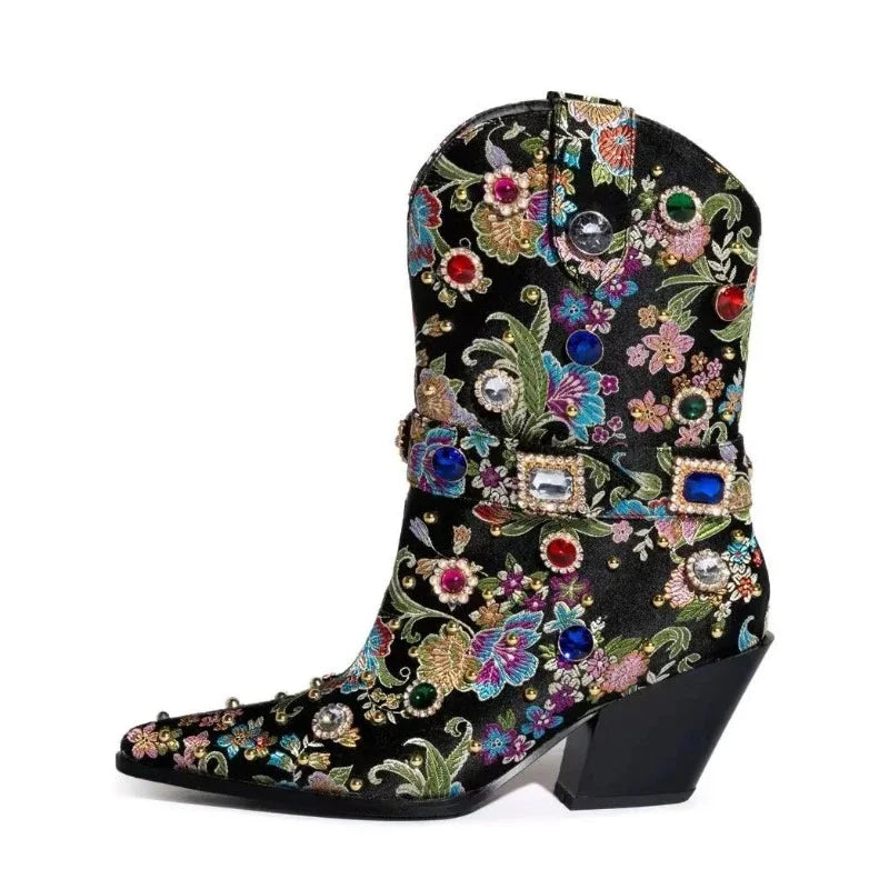 Embroidery Rhinestone Rivet Short Boots Pointed Slope Heel Chelsea Women's Boots
