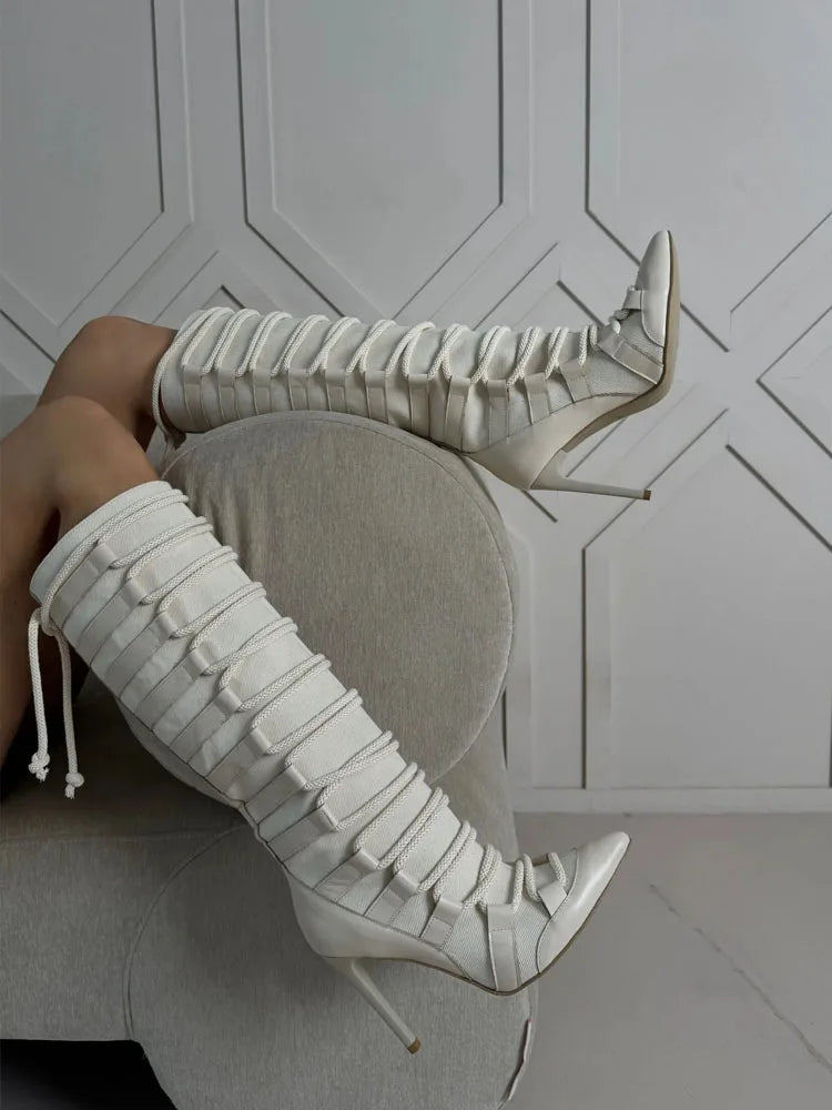 2025 Women Pointed Toe Lace Up Thin High Heel Sexy Stiletto Zip White Heel Knee High Boots