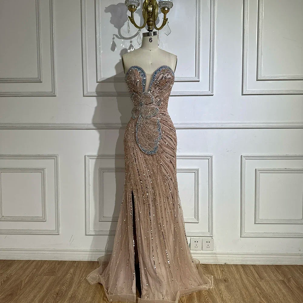 Elegant Strapless Empire Waist Beaded Floor-Length Tulle Sleeveless Evening Dress