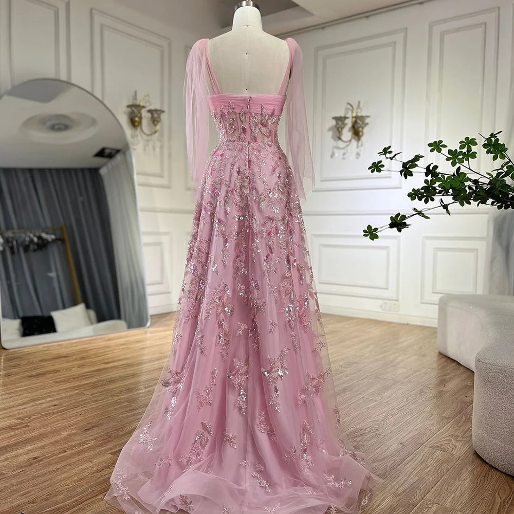 Floral Beaded Strapless A-Line Evening Dress – Floor-Length Tulle Gown