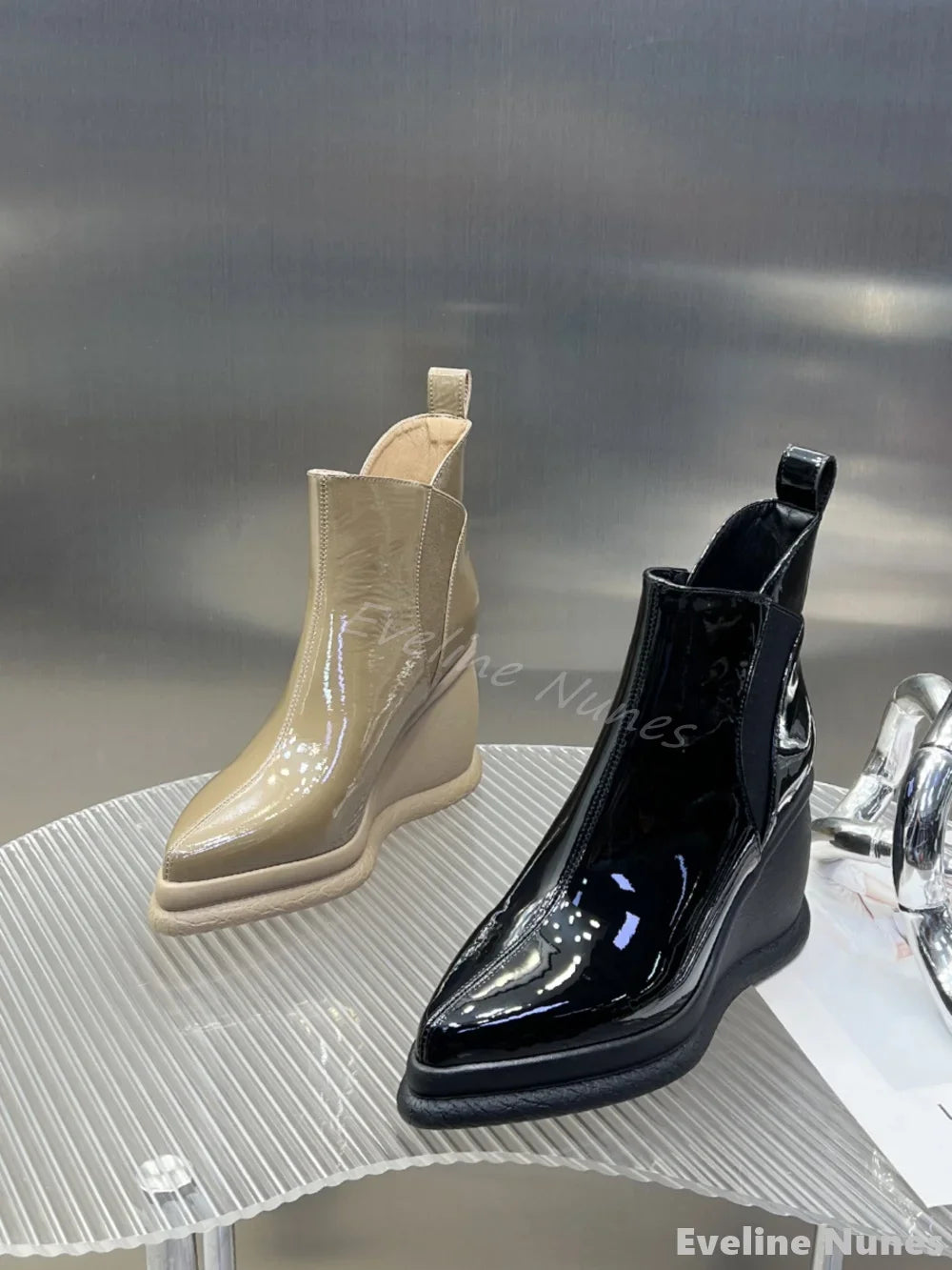 Height Increasing Wedges Ankle Boots Women Pointed Toe Platform Slip On Solid Leather Boots