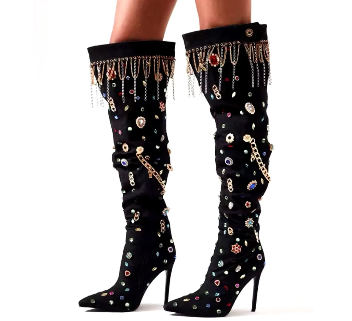 Women Shining Rhinestones Chains Over Knee Boots Pointed Toe Black Suede Side Crystals Tassels Stiletto Heel Long Boots