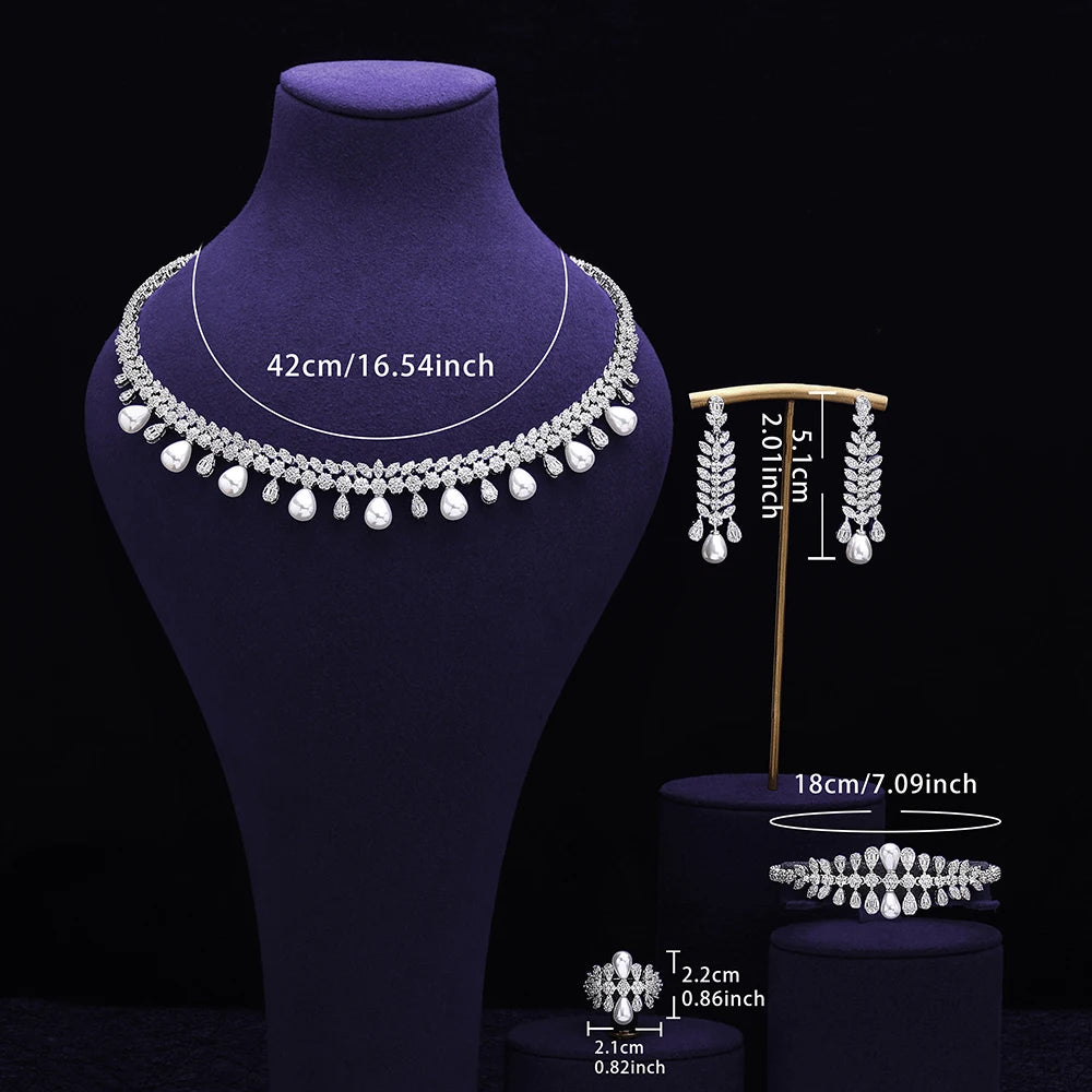 Cubic zirconia Pearl Necklace Earrings Set of 4 Women's Wedding Party All Zircon Dubai Bridal Jewelry Set Gift