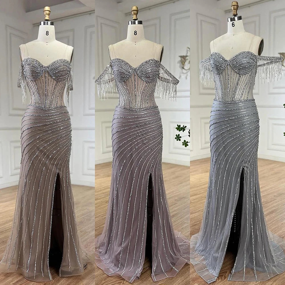 Sleeveless Mermaid Evening Dress with Tassels and Beading – Boat Neck Formal Gown