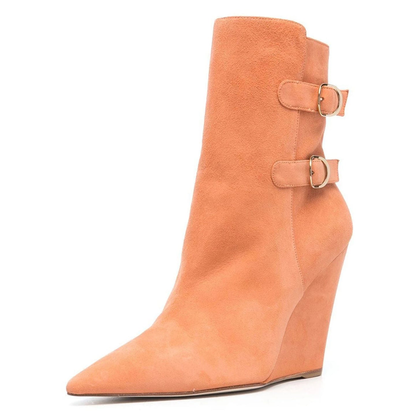 Orange suede Wedges Short boots Pointed toe Side zipper High-heeled Belt buckle Modern boots Extra large size