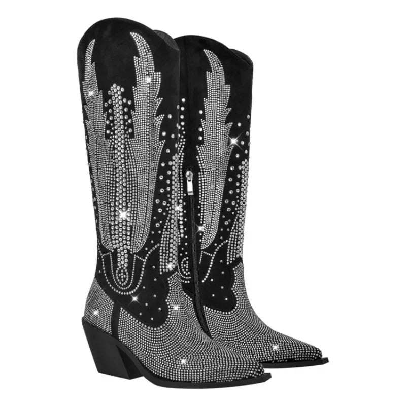 Handmade Hot Rhinestone Retro Western Cowboy Boots Women Performance Runway Fashion Thick Heel Knee High Boots