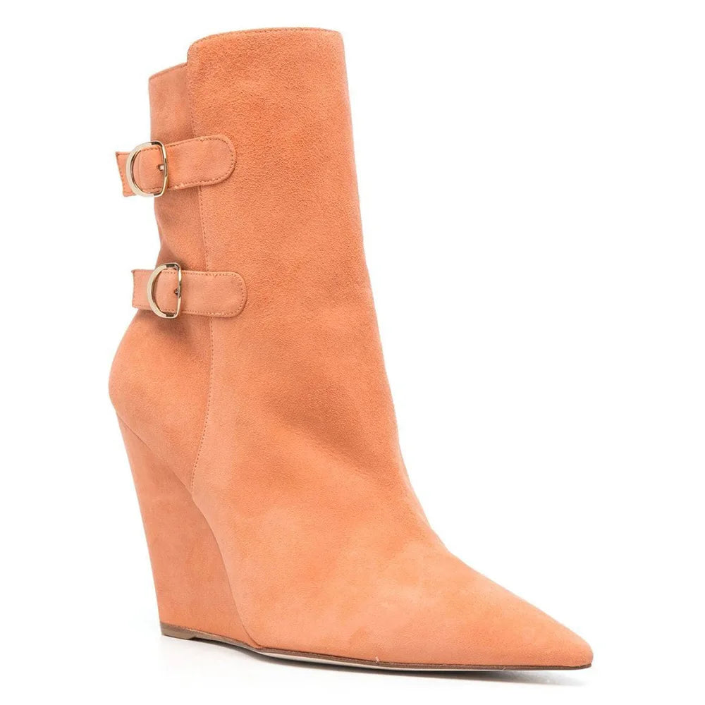 Orange suede Wedges Short boots Pointed toe Side zipper High-heeled Belt buckle Modern boots Extra large size