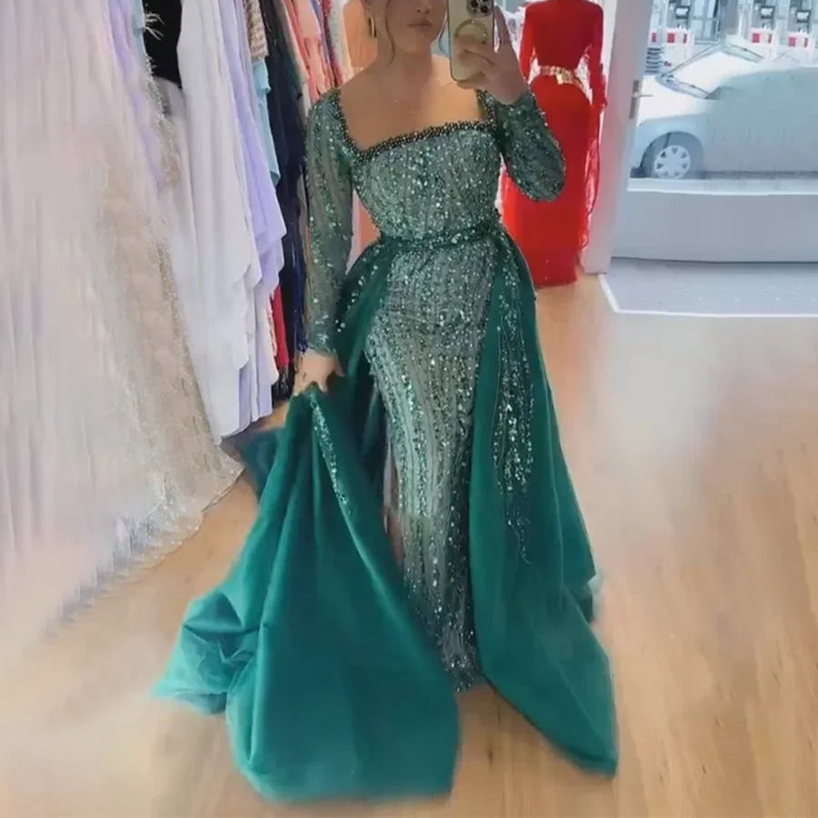 Square Neck Beaded Mermaid Evening Dress with Sleeves – Floor-Length Gown