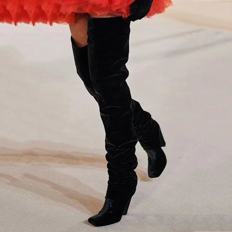 Tapered heel Over the knee boots Square-head Pleated Slip-on Super high heel Modern boots