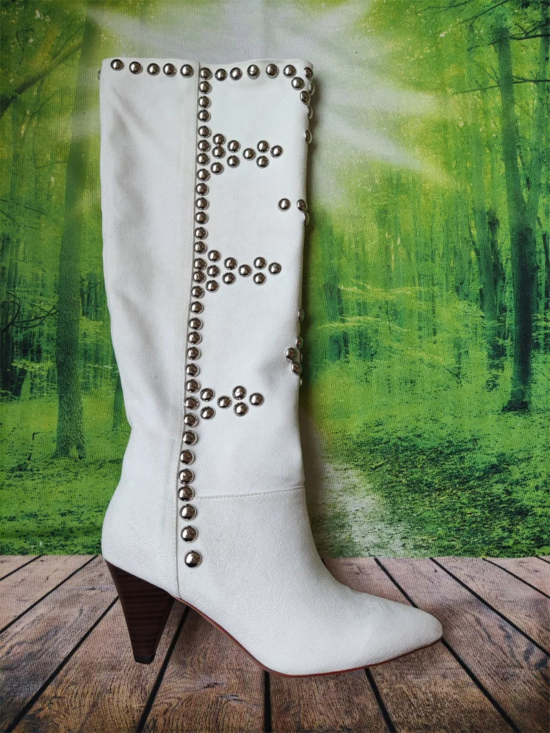 Rivet Inlaid Women's Knee High Boots Cowhide Suede Stage Show Ankle Boots Fashionable Sexy Autumn  Winter Womans Shoes