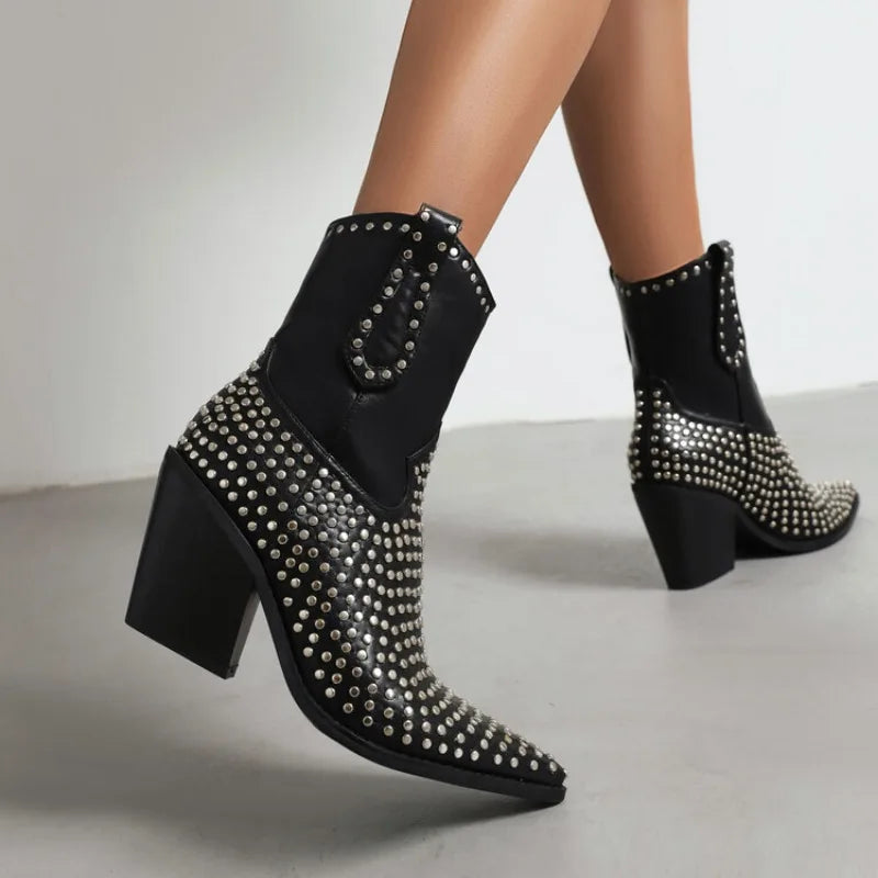 Rhinestone/Rivet Color Blocking Autumn Winter Thick Heel Black Chelsea Women Boots