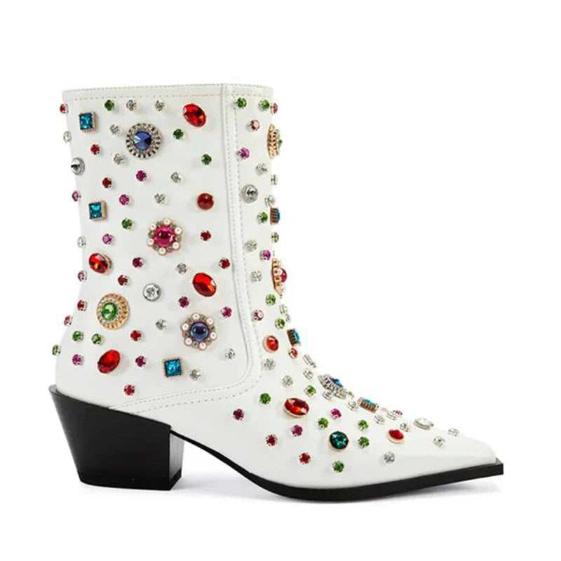 Embroidery Rhinestone Rivet Short Boots Pointed Slope Heel Chelsea Women's Boots
