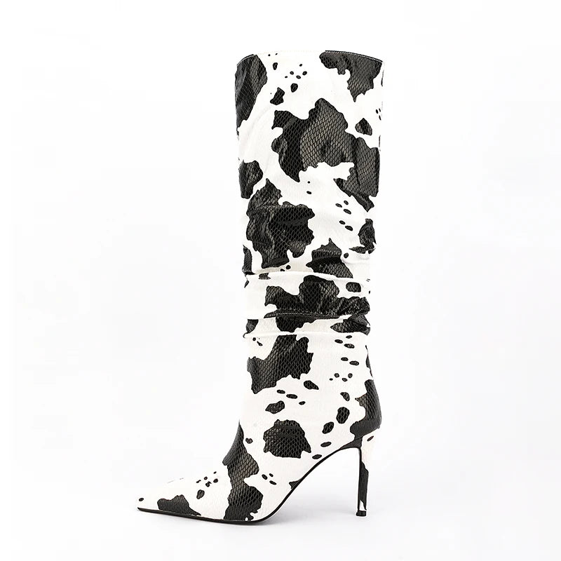 Cow grain Pointed toe Slip-on Super high heel Pleated Middle boots Mixed Colors Modern boots