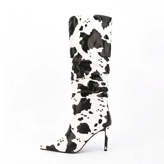 Cow grain Pointed toe Slip-on Super high heel Pleated Middle boots Mixed Colors Modern boots