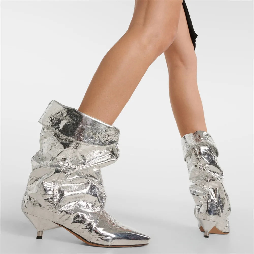 Leopard print Large tubular boots Pointed toe Slip-on Pleated Middle heel Modern boots Short boots