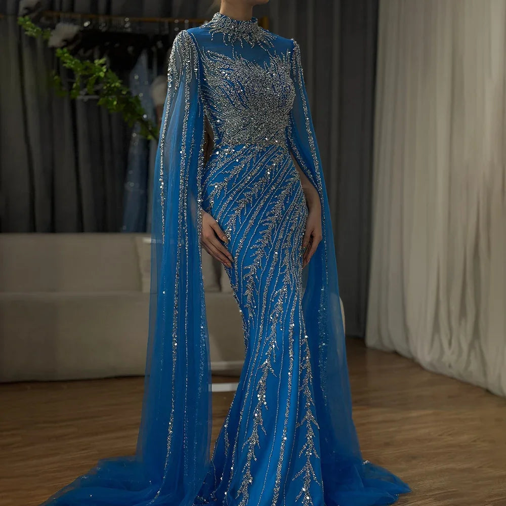 Caramel Cape Sleeves Mermaid Beaded Luxury Dubai Long Evening Dress