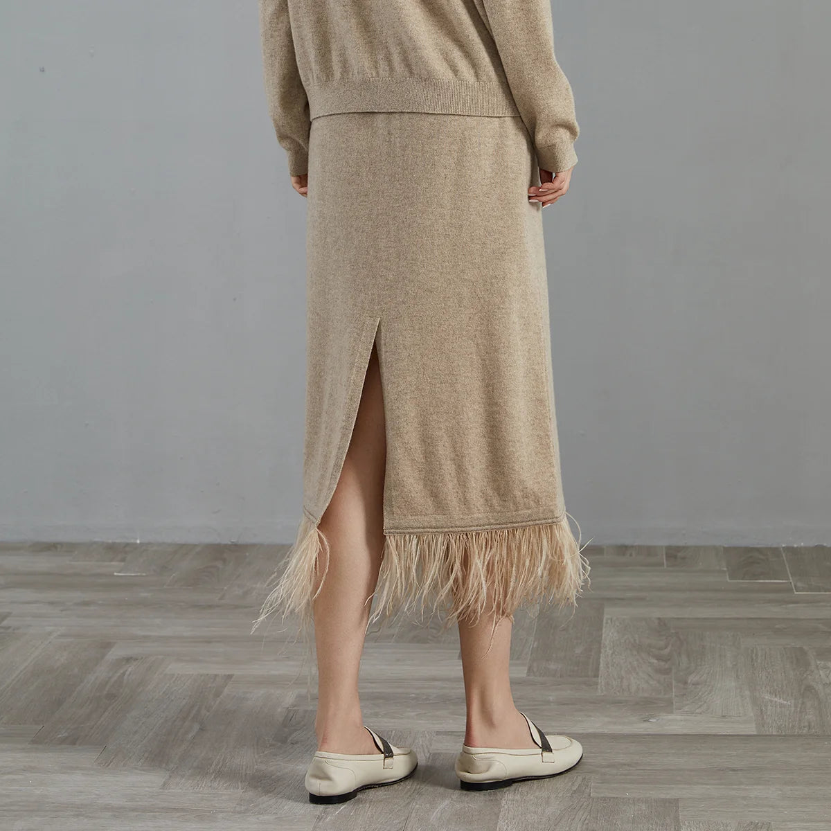 women's  100% cashmere ostrich feather tassel trimmed midi skirt