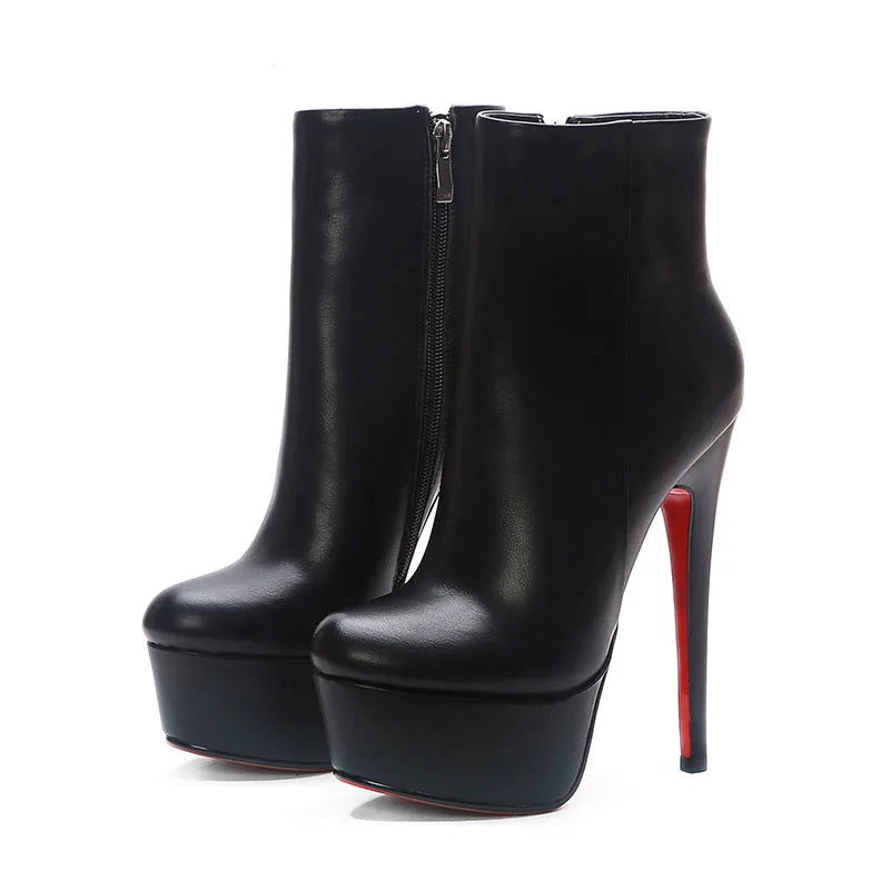 Woman's Cowhide Short boots Round toe Waterproof platform Commuter Super high heel Side zipper Modern boots