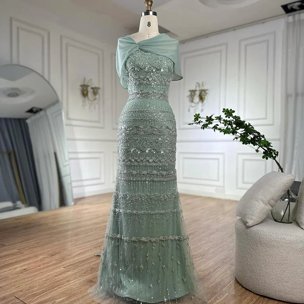 Saudi Arabic Sage Green Mermaid Beaded  Evening Dress with Long Cape  for Formal Occasion