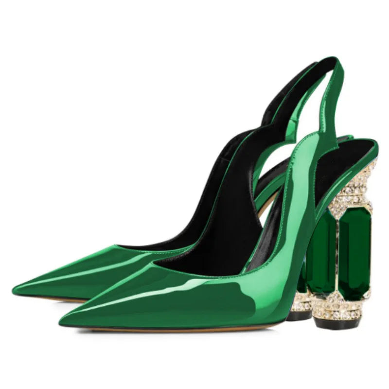 Women's high heels. About 10.5cm heel height. Crystal heel. Slingbacks heels shoes. Green pointed shoes. 34-45
