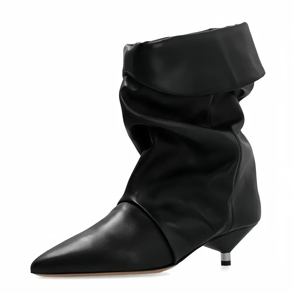 Leopard print Large tubular boots Pointed toe Slip-on Pleated Middle heel Modern boots Short boots